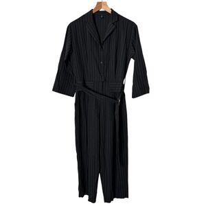Bishop‎ Soft Black Gray Pinstripe Belted Cropped Wide Leg Jumpsuit Womens Medium